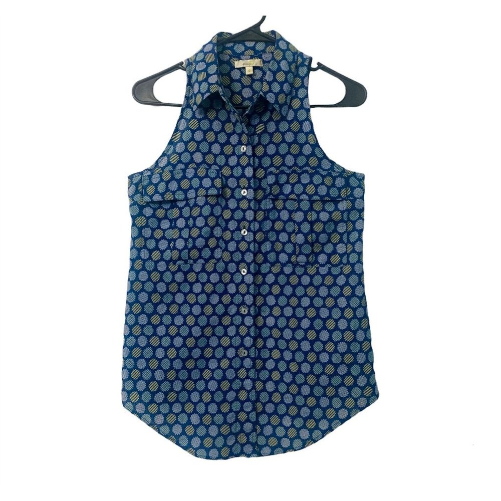 Anthropologie Porridge Button Up Shirt Blue Cotton Geometric Pockets Size 0